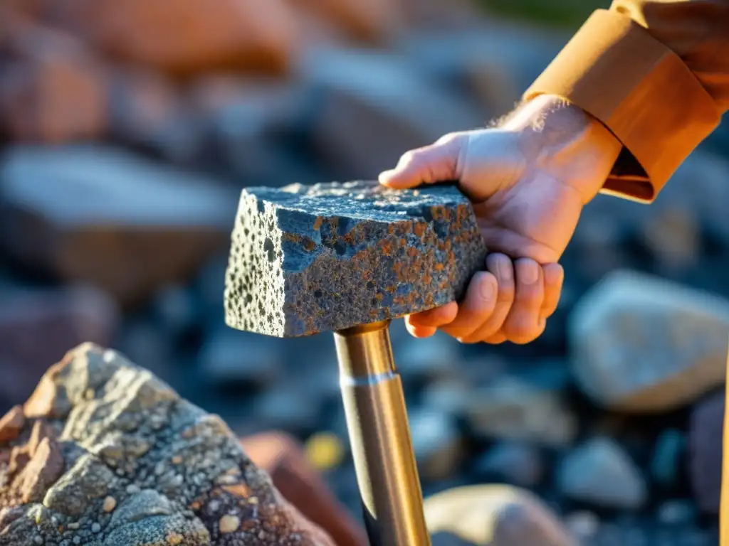 Mano de geólogo sosteniendo martillo geológico para exploración minerales, en frente de roca texturizada con formaciones minerales vibrantes