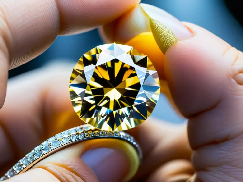 'Una mano de joyero examina cuidadosamente un deslumbrante diamante amarillo bajo luz natural brillante, en una elegante tienda de joyería