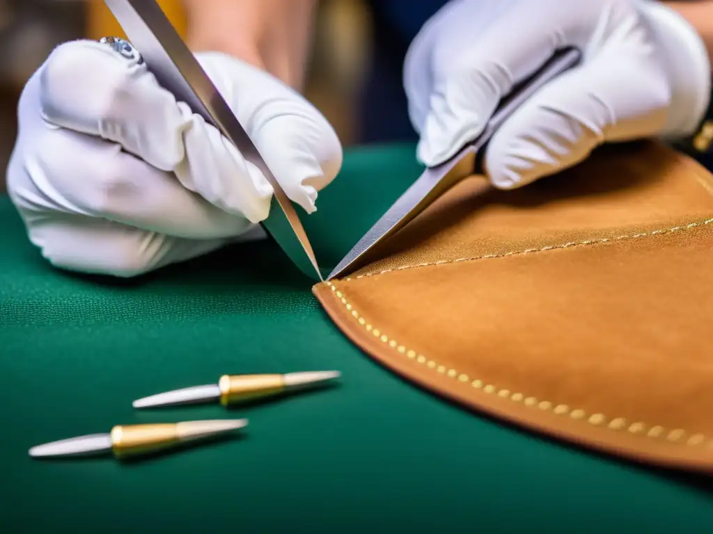 Mano de joyero con guante de trabajo blanco manejando alicates para joyería, rodeado de herramientas en un banco de trabajo de madera