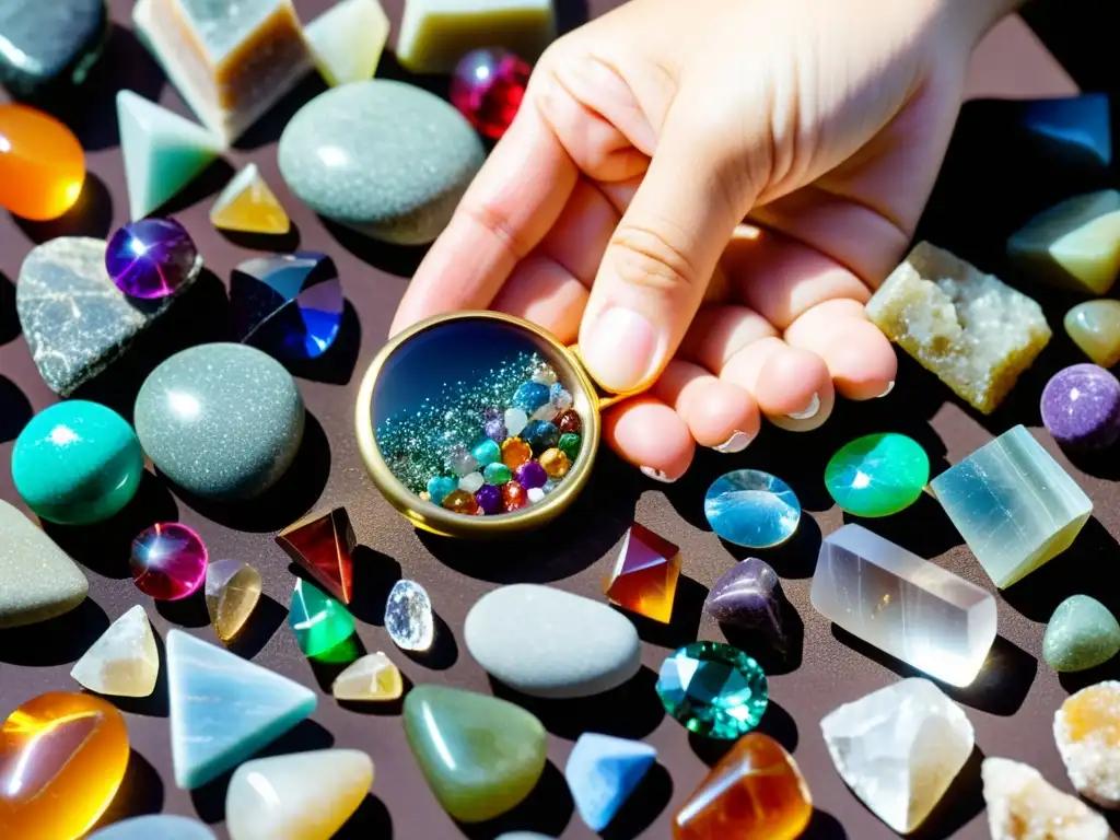 Una mano sostiene una lupa sobre gemas y minerales, revelando sus detalles con luz vibrante