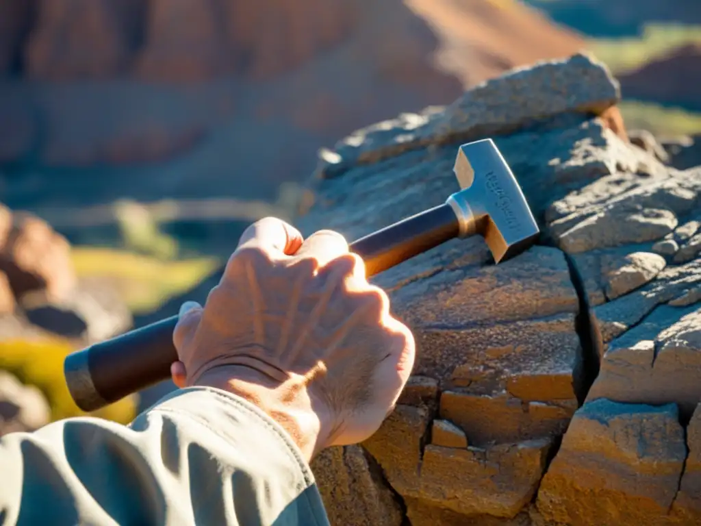 Mano de geólogo sostiene martillo geológico ante yacimiento rocoso, evocando exploración de minerales