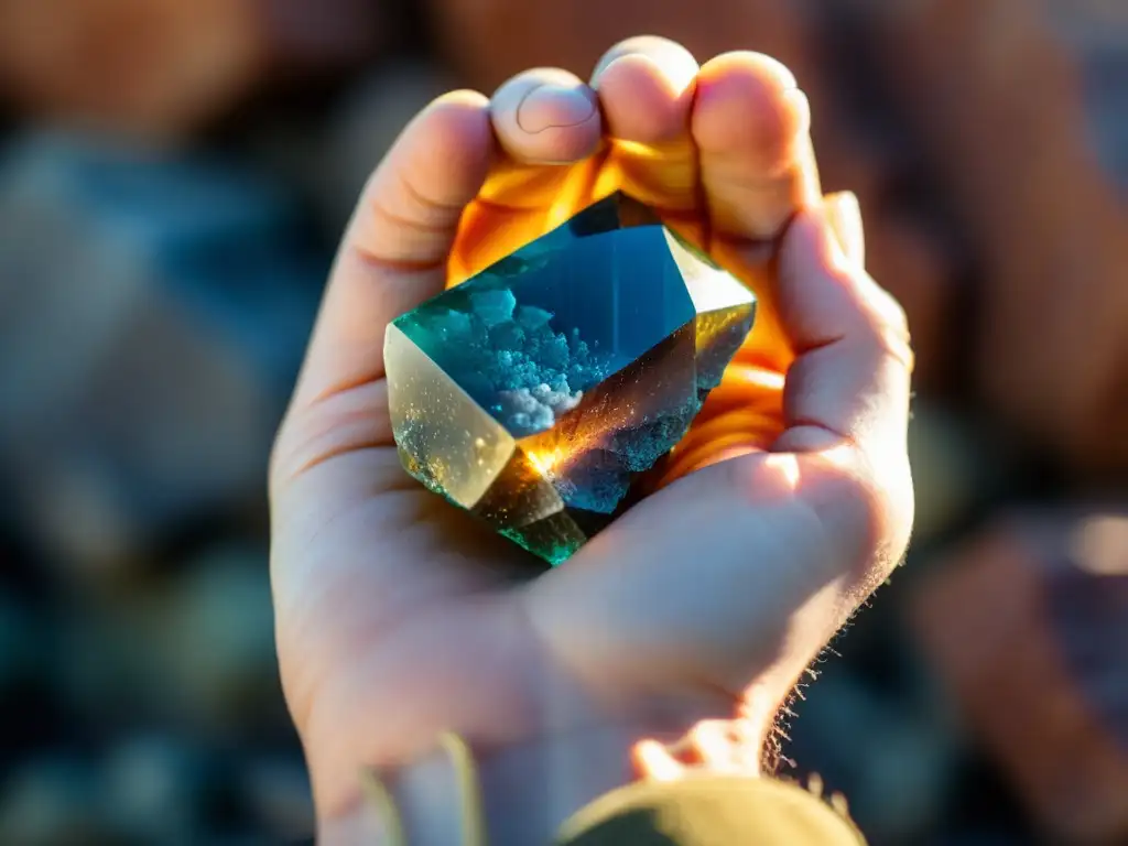 Una mano sostiene un mineral sin cortar, mostrando su belleza natural