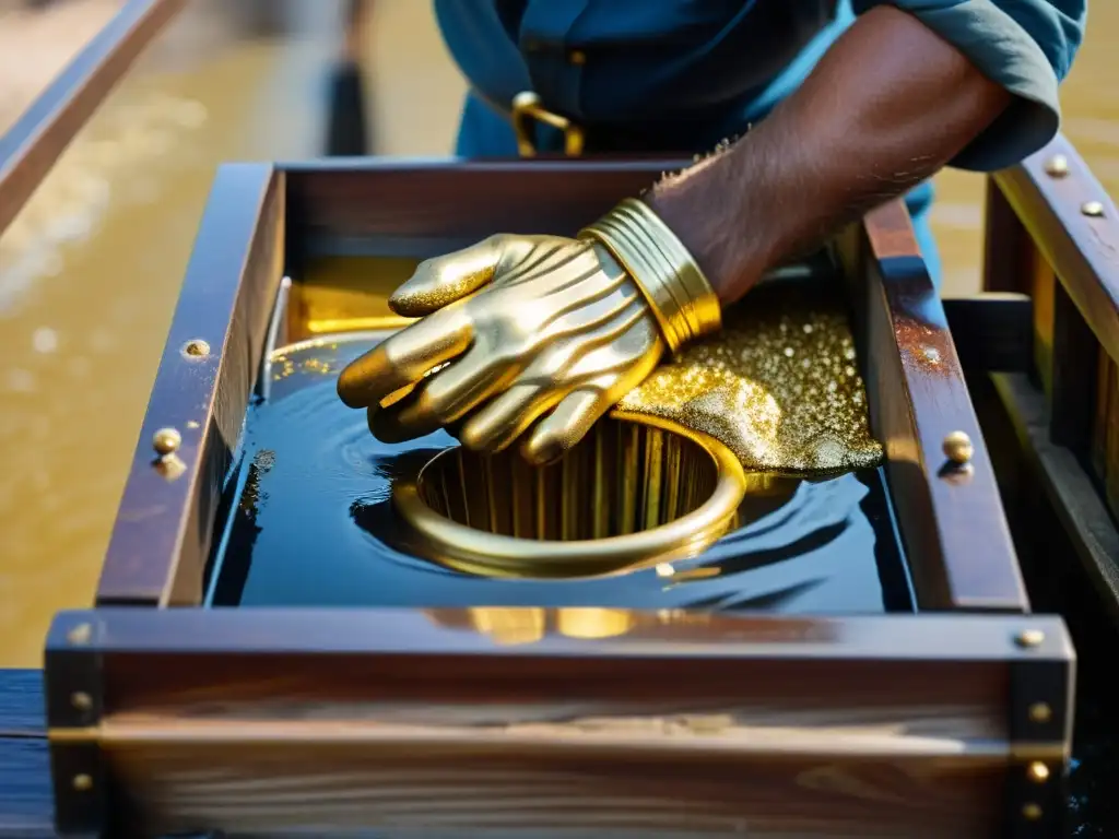 Mano de minero utiliza una de las mejores esclusas para recuperación oro en un río, mostrando la artesanía y la historia de la búsqueda de oro