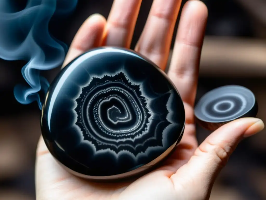 Mano sostiene obsidiana, reflejando luz