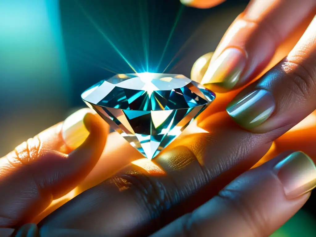Unas manos examinan detalladamente un diamante brillante bajo una luz intensa