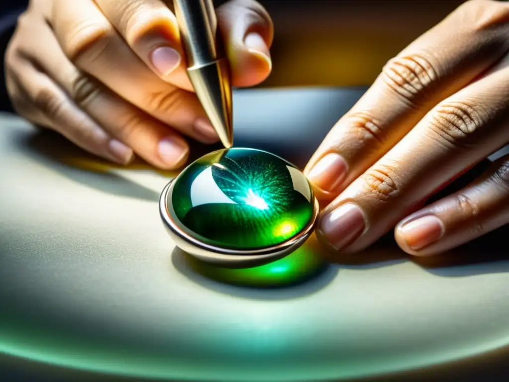 Manos hábiles esculpen una piedra semipreciosa en corte cabujón, mostrando la técnica y precisión en la artesanía de joyería