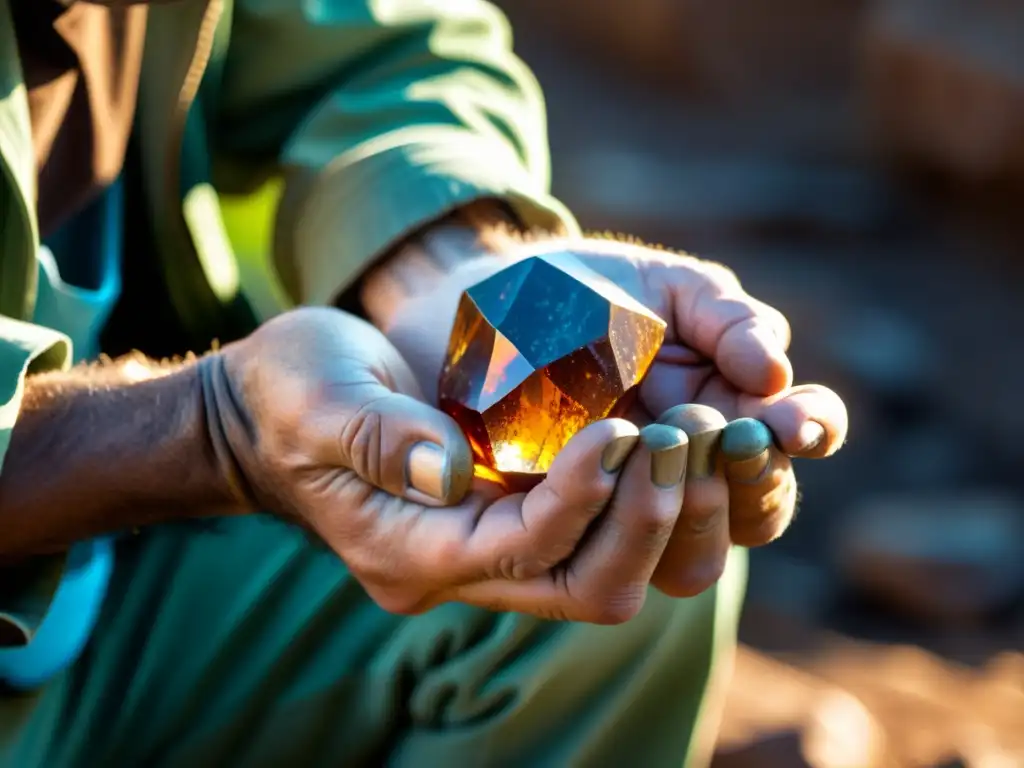 Manos de minero examinando con atención una piedra preciosa sin cortar, reflejando la luz del sol