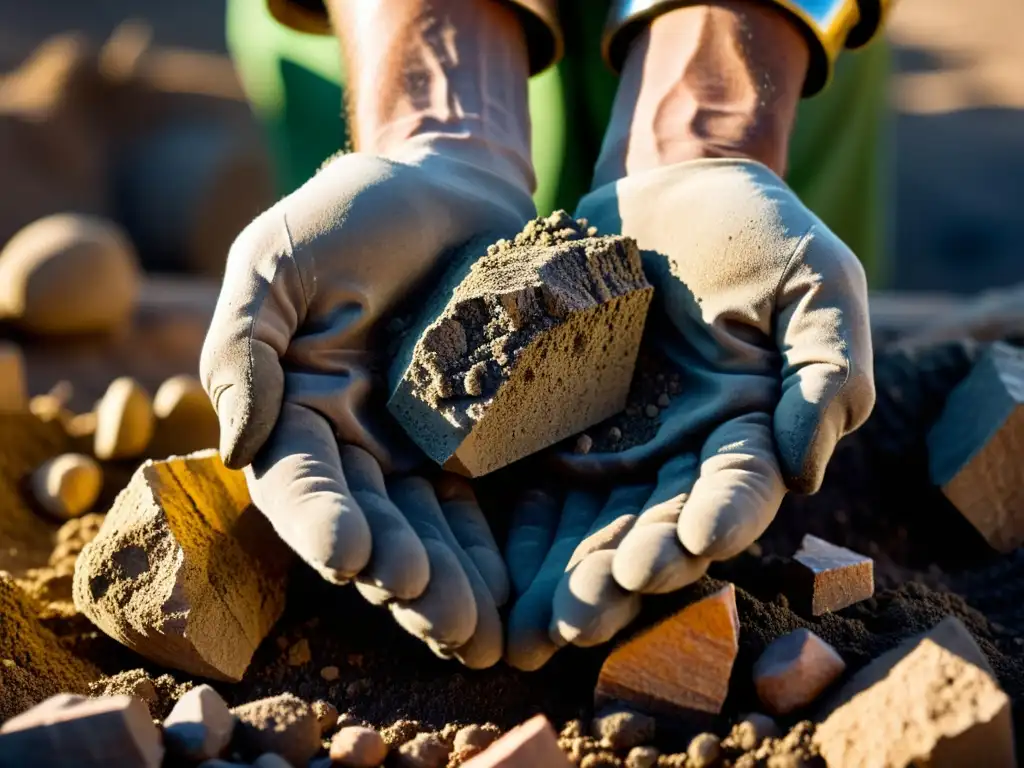 Manos de minero cubiertas de suciedad sosteniendo minerales sin procesar