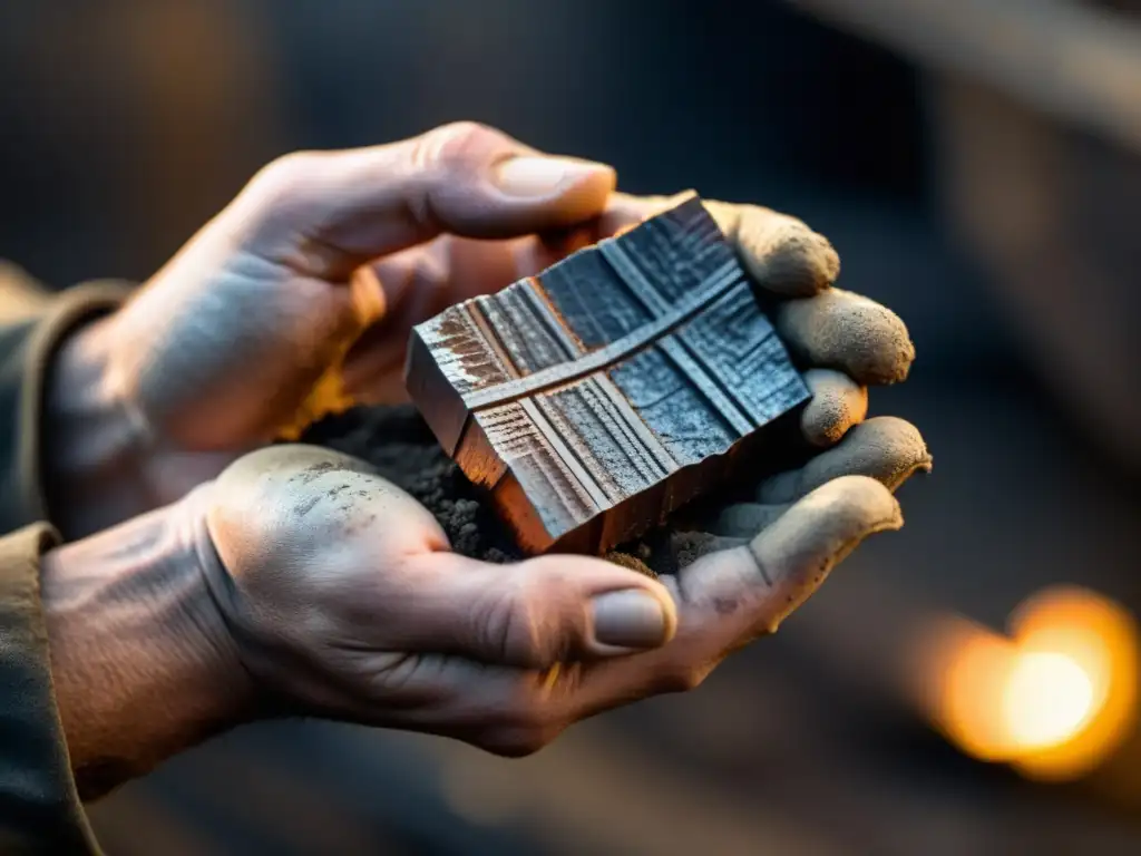 Las manos del minero muestran la conexión con la historia de los minerales en su trabajo duro