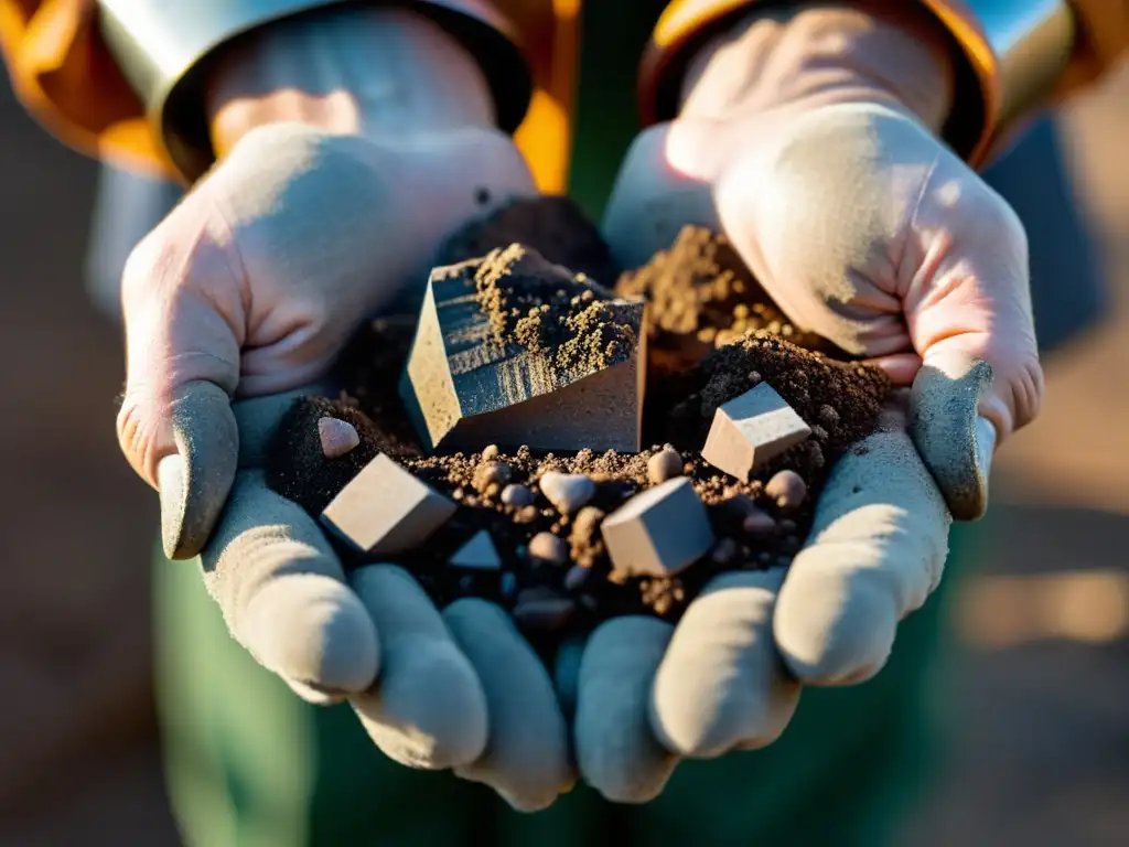 Manos de minero con minerales auténticos, mostrando la conexión entre la historia y la autenticidad de los minerales extraídos