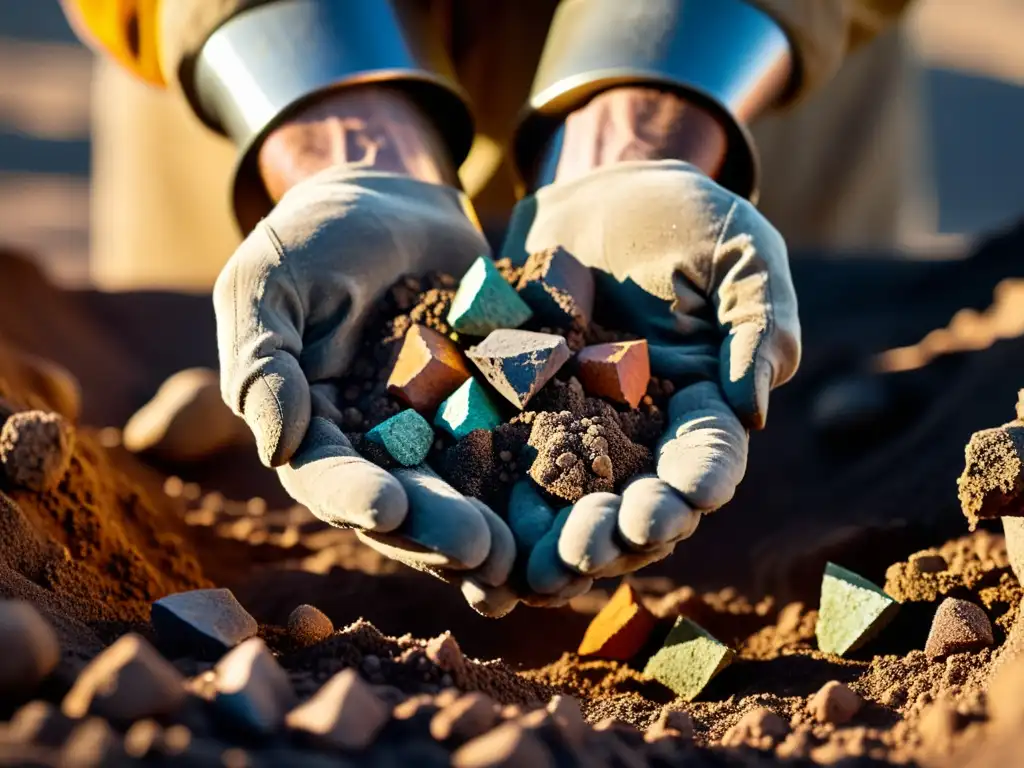 Manos de minero sostienen minerales, con tierra y polvo, mostrando el impacto económico del comercio de minerales