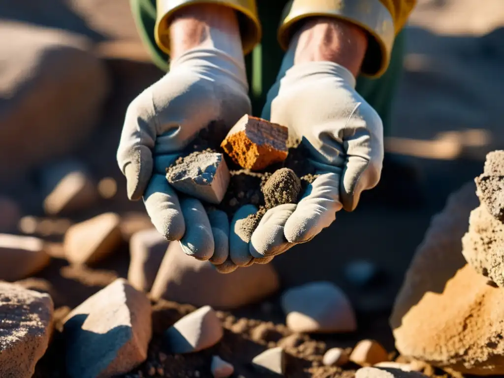 Las manos del minero sostienen una roca llena de minerales, mostrando el impacto histórico de los minerales en la tierra