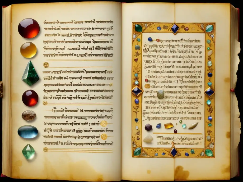 Manuscrito antiguo con ilustraciones detalladas de gemas y minerales