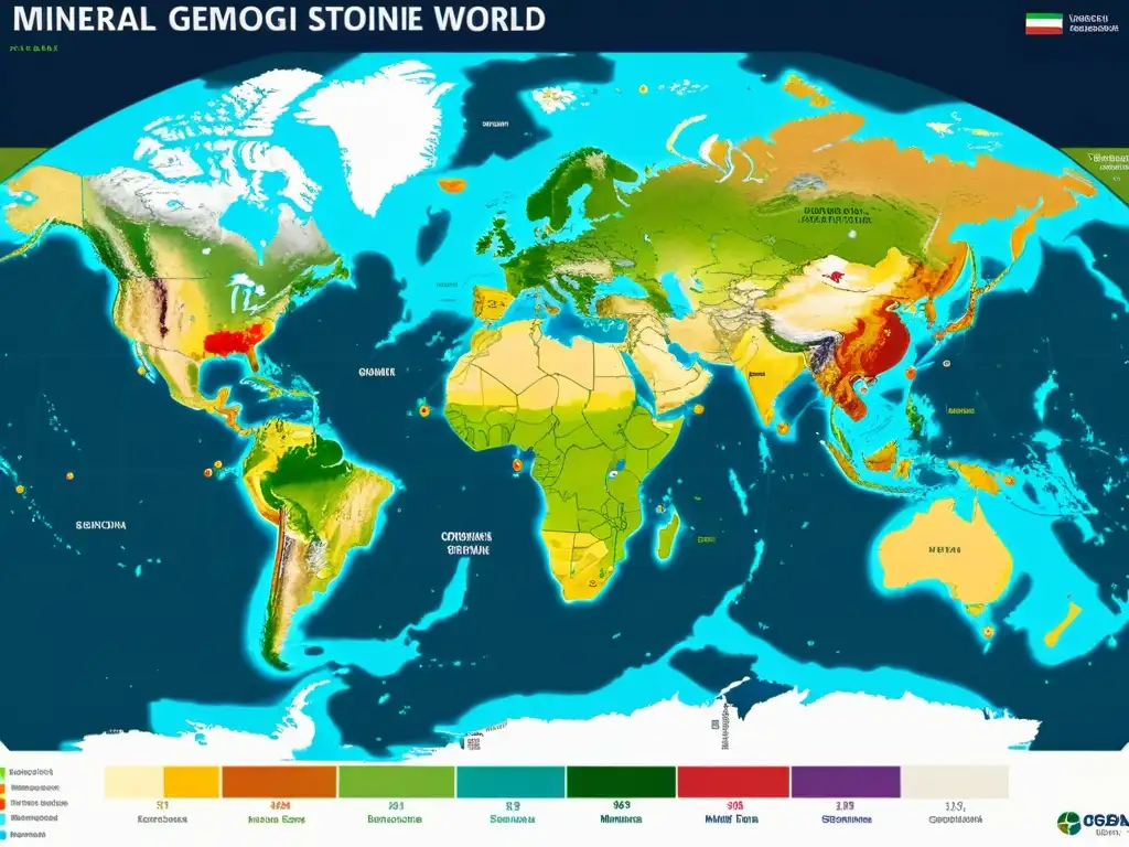 Mapa geopolítico detallado de minerales y gemas con influencia en la inversión, destacando su potencial y relaciones geopolíticas