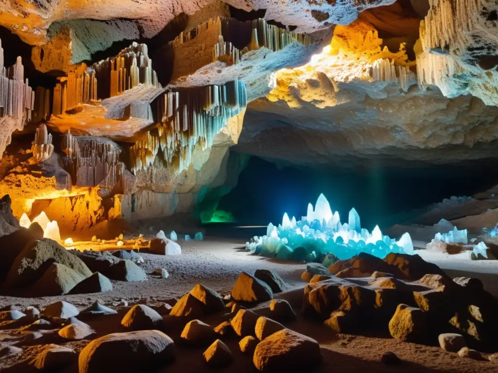 Explora la maravilla de cristales en cuevas naturales, iluminados por luz natural en un ambiente misterioso y sereno