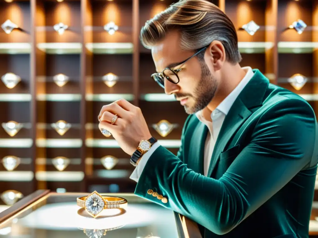 Influencer para marca de joyas examinando un anillo de diamantes con elegancia y expertise en un estudio iluminado, rodeado de joyería exquisita