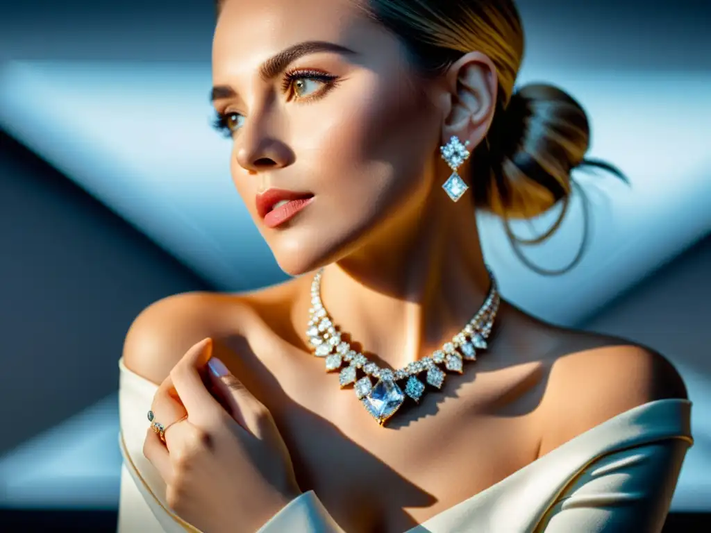 Influencer para marca de joyas examina detenidamente un impresionante collar de diamantes bajo brillantes luces de estudio, mostrando profesionalismo y expertise