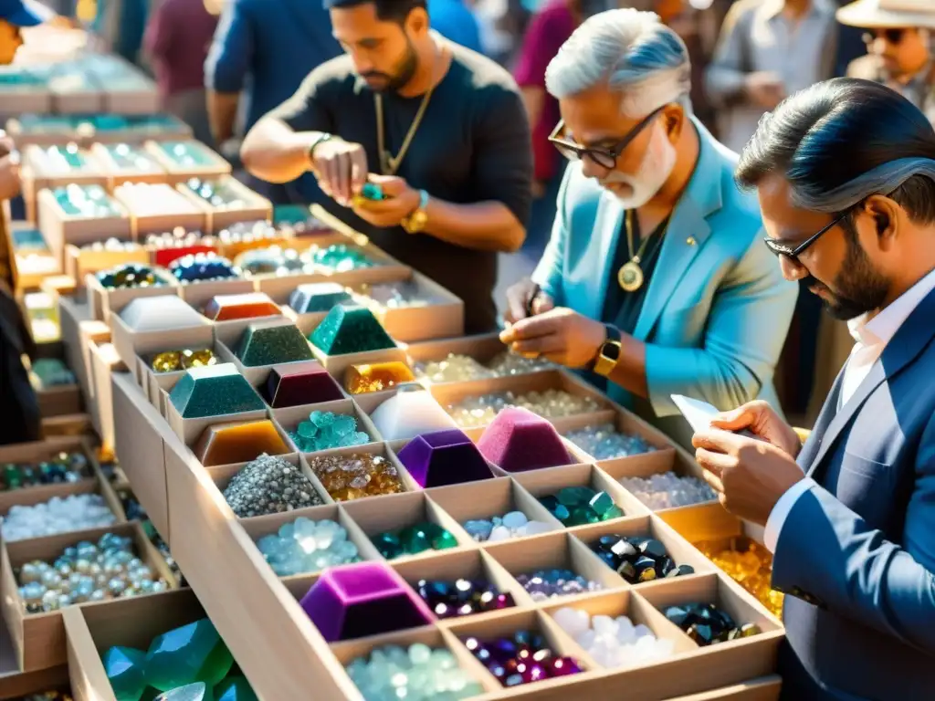 Mercado de gemas: rarezas y emoción Un mercado bullicioso de gemas raras donde inversionistas examinan con lupa las herramientas