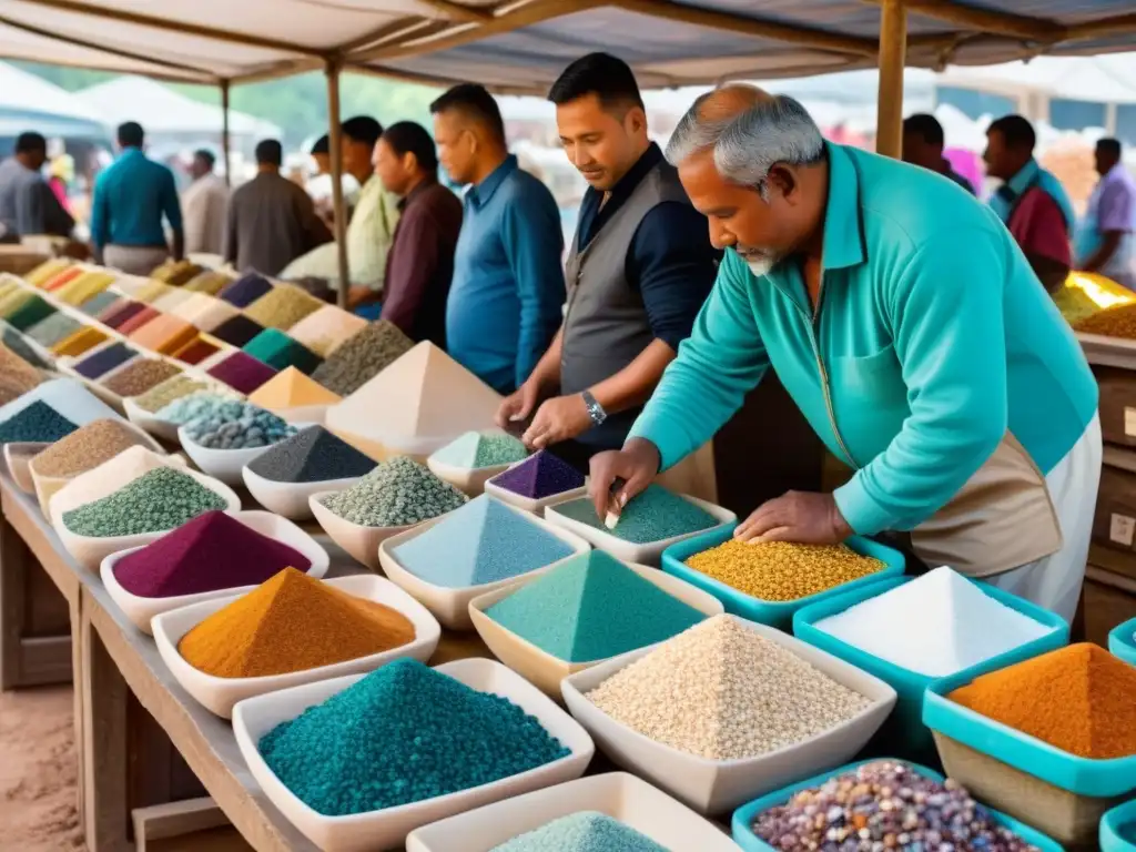 Un mercado bullicioso de minerales con diversos individuos examinando y comerciando gemas y minerales