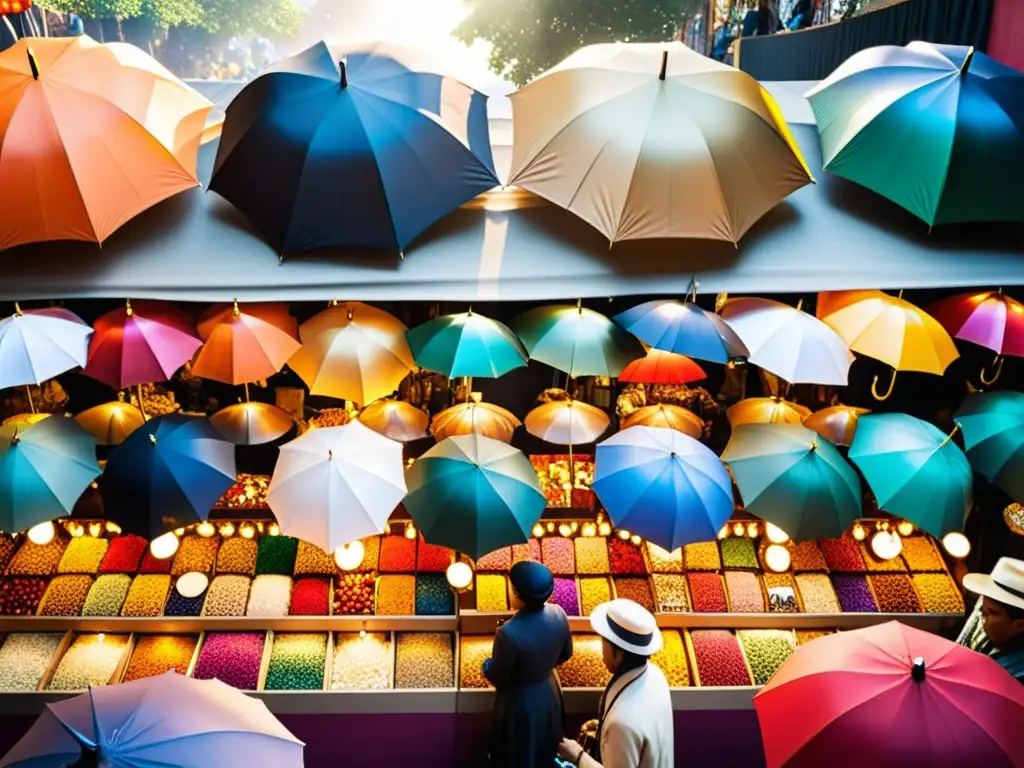 Vivid mercado de joyería con consumidores admirando gemas y artesanía bajo coloridos toldos