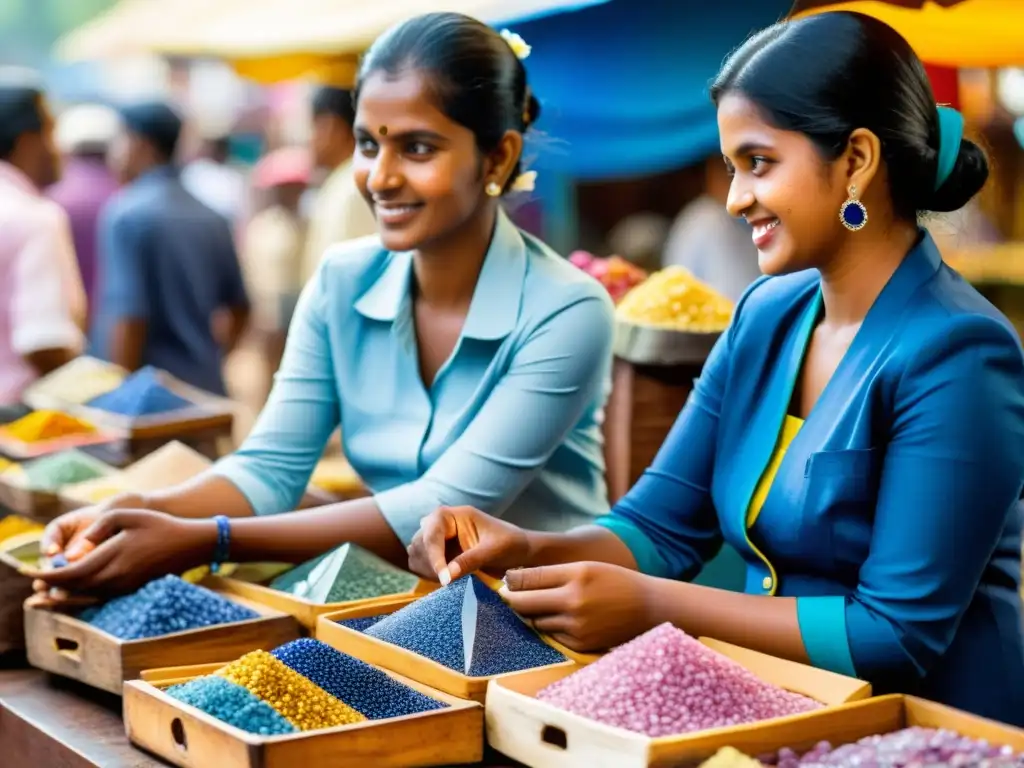 Un mercado de gemas en Sri Lanka ofrece una variedad de zafiros cingaleses auténticos en tonos azules, rosados y amarillos