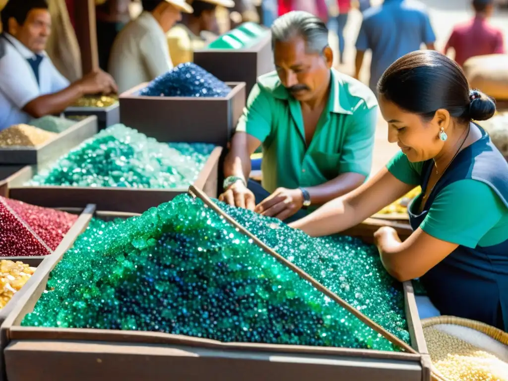 Un mercado de gemas en Colombia con vendedores exhibiendo esmeraldas, rubíes y zafiros bajo la luz natural