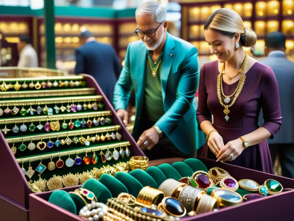 Vivid mercado de joyería con piezas detalladas y clientes examinando, evocando el potencial de Invertir en joyería a largo plazo