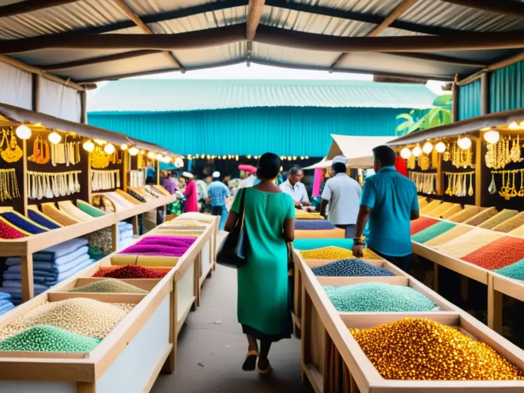 Un mercado local de joyería bullicioso, con vendedores mostrando sus piezas únicas hechas a mano y interactuando con clientes