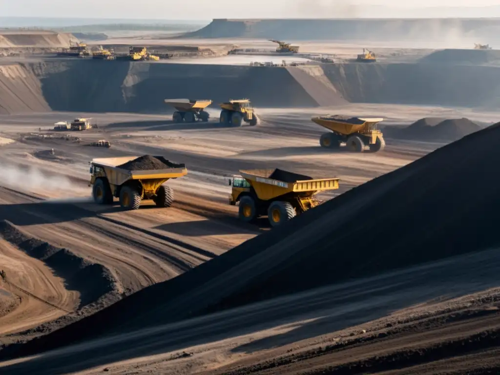 Una mina a cielo abierto con maquinaria masiva y camiones operando