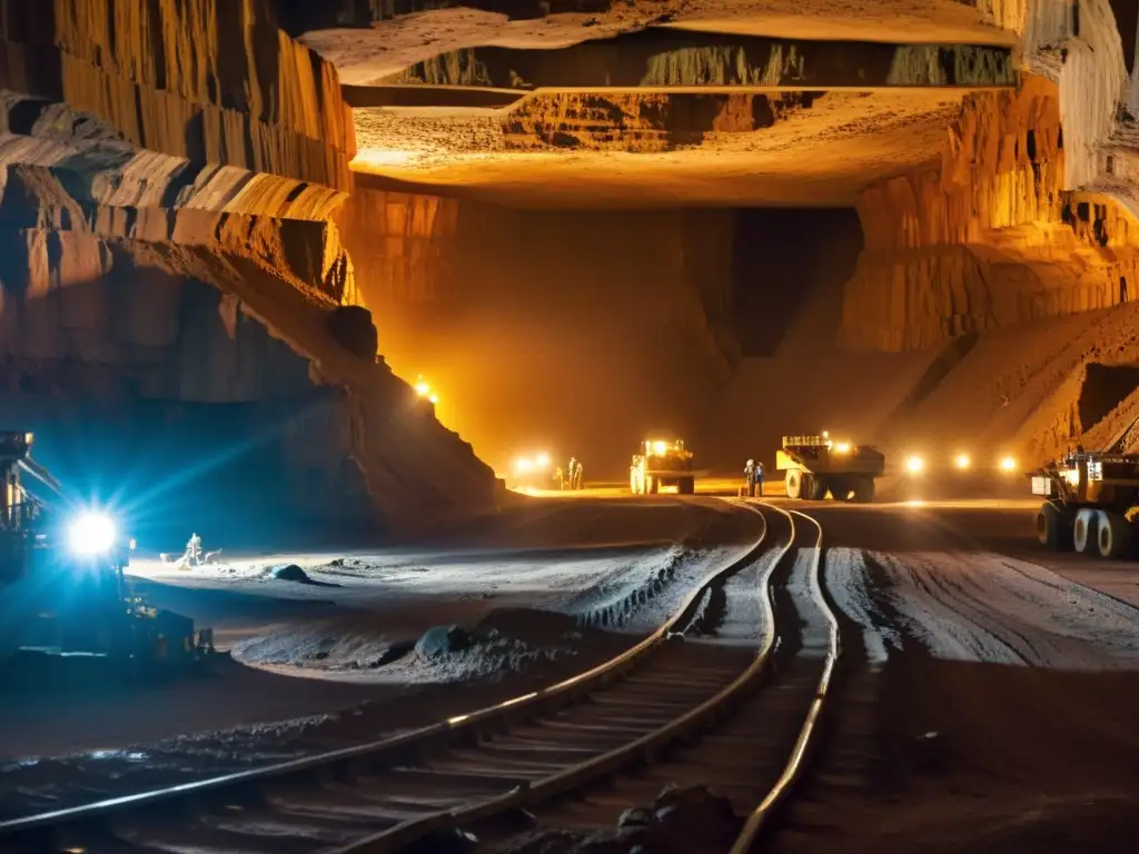 Unas minas de níquel subterráneas con mineros trabajando en túneles oscuros, maquinaria pesada y veta de níquel