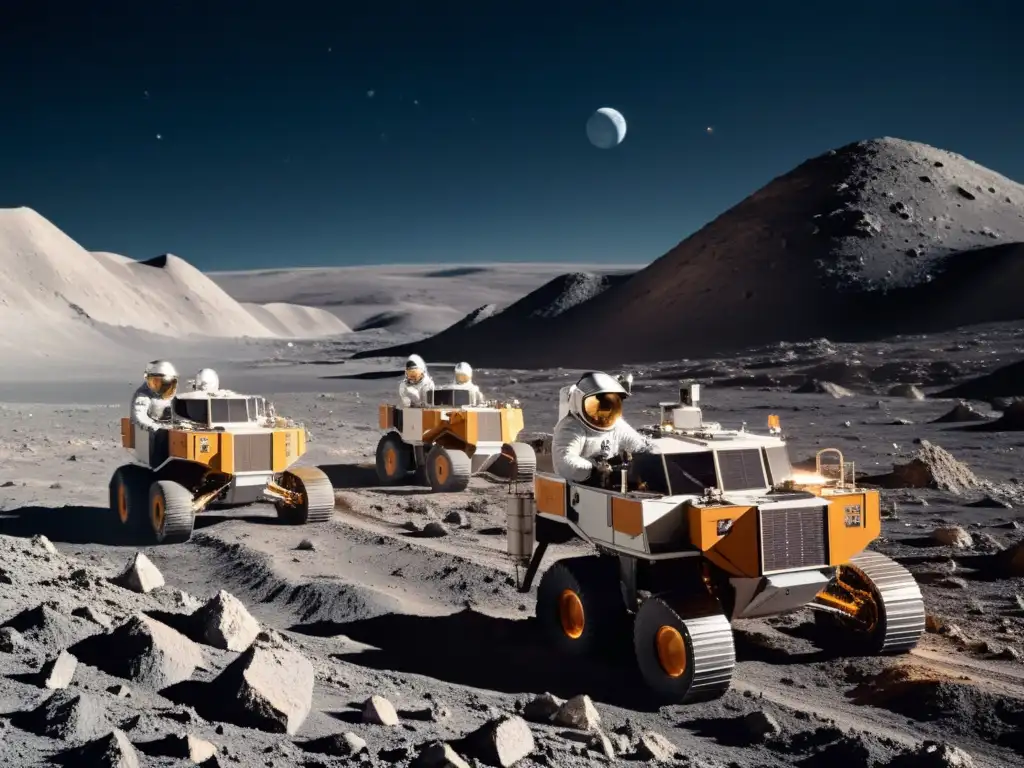 Operación minera lunar: astronautas extraen minerales lunares para construcción de bases espaciales, con la Tierra de fondo