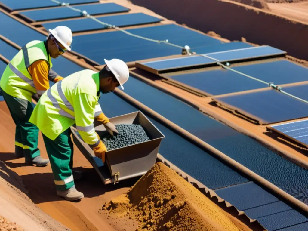 Operación minera sostenible: trabajadores con equipo ecoamigable, clasificando minerales