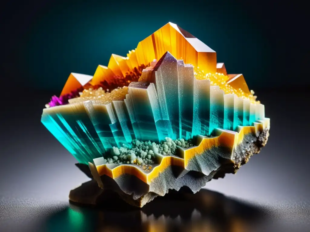 Mineral exótico en alta resolución, con intrincada estructura cristalina y colores vibrantes