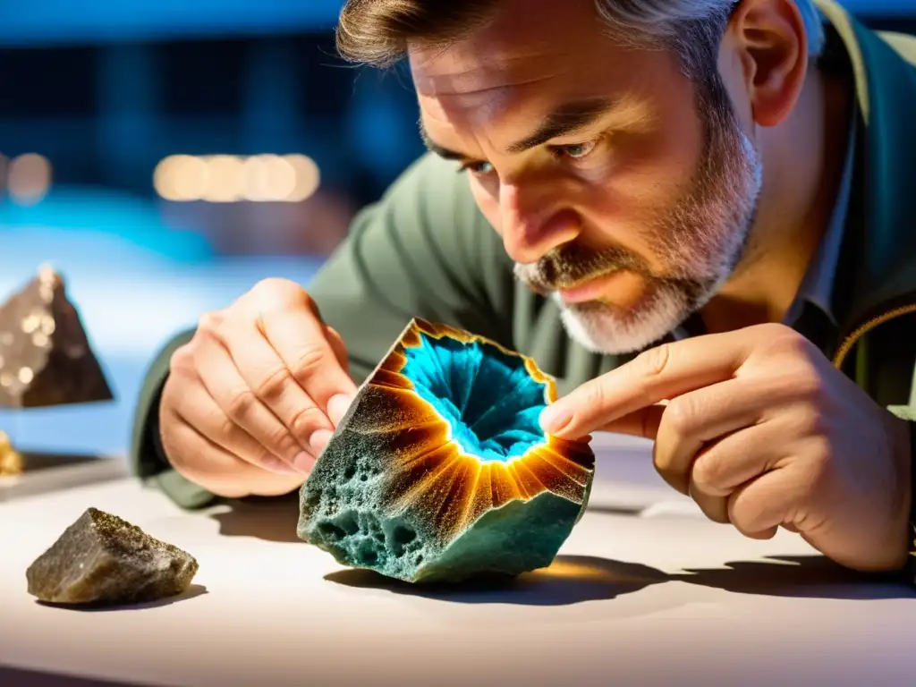 Geólogo examinando mineral en la Feria de Minerales de Múnich