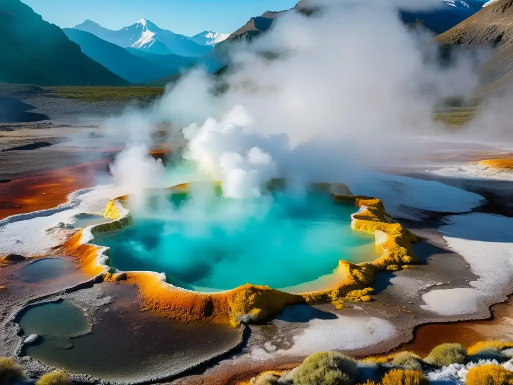 Formación mineral: geiser de aguas termales con depósitos minerales coloridos, rodeado de montañas nevadas