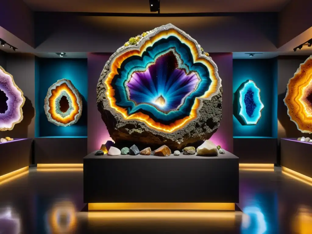 Exposición mineral con geodas y cristales en una sala cavernosa iluminada, evocando la evolución terrestre y la belleza natural