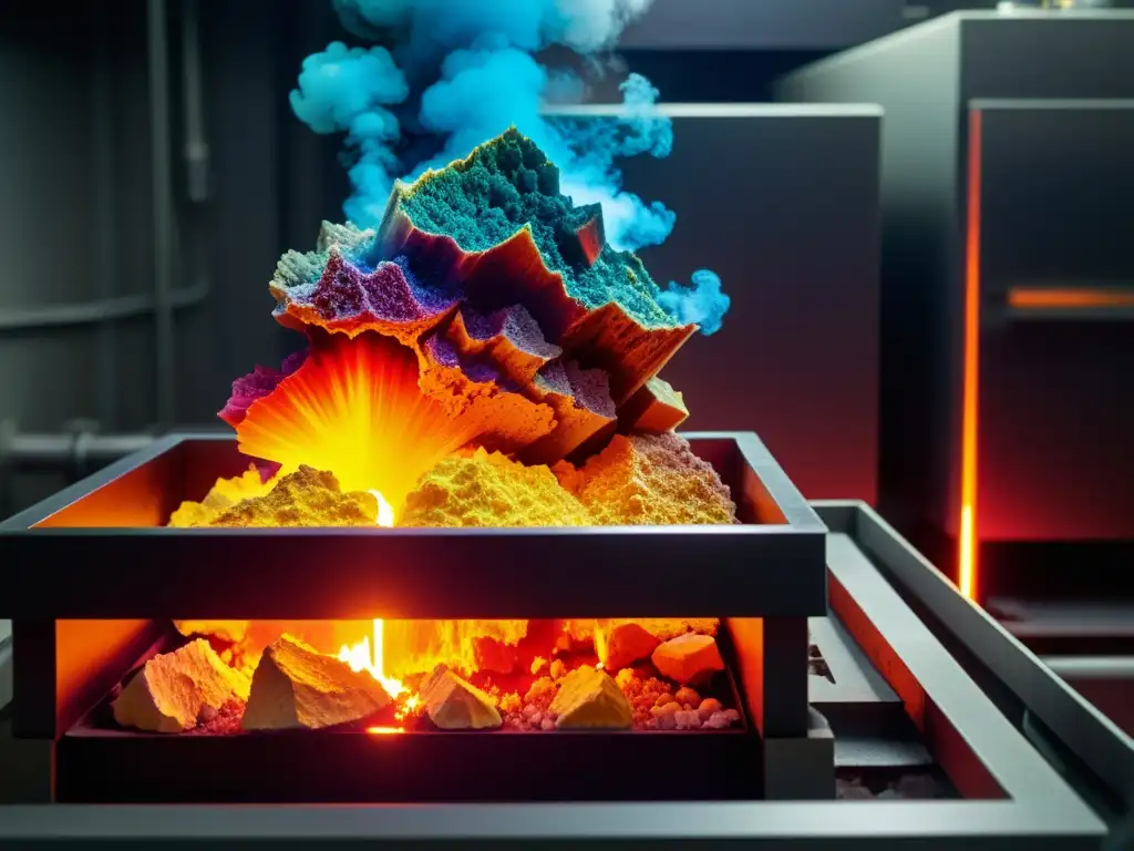 Mineral en reacción termoquímica, brillando intensamente en un horno de laboratorio