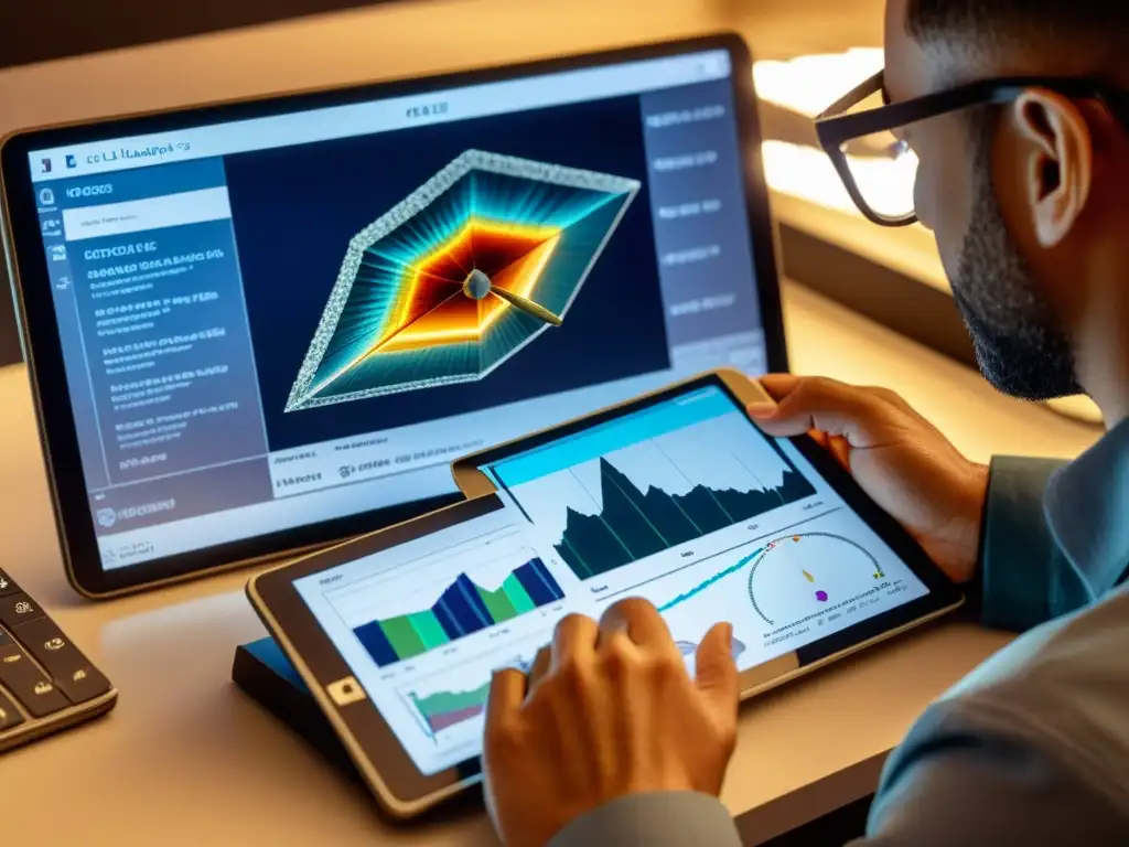Geólogo examinando mineral raro con herramientas digitales