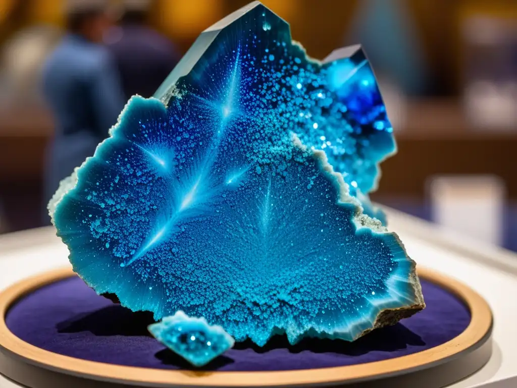 Mineral raro de vibrante color azul, expuesto en feria internacional de minerales, con entusiastas en el fondo