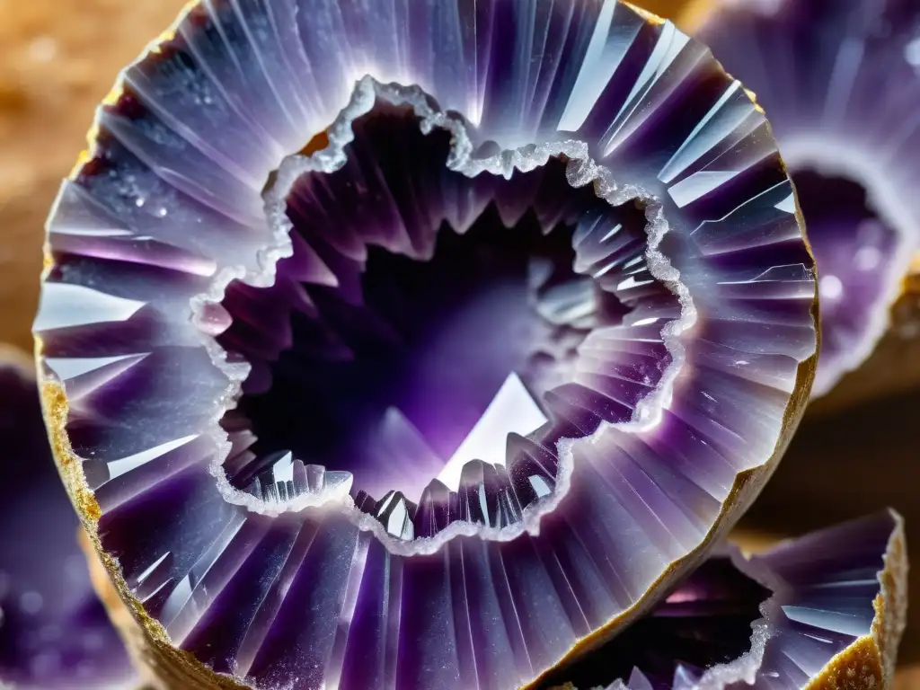 Fotografía de minerales con ángulos innovadores: Detalle de una geoda de amatista cruda con formaciones cristalinas y tonos morados vibrantes