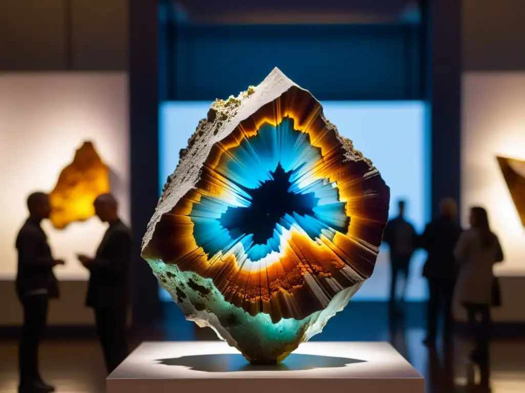 Exhibición de minerales y arte en una sala iluminada, con visitantes admirando la impresionante muestra mineral