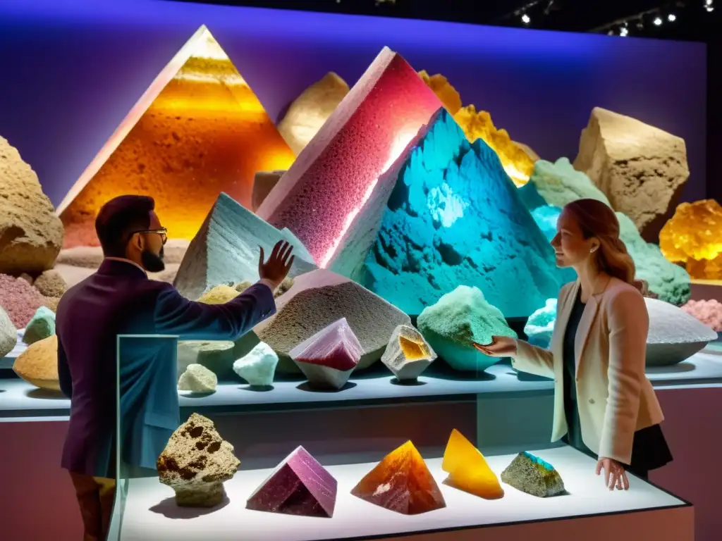 Exhibición de minerales coloridos en museo: conexión clientes historia minerales