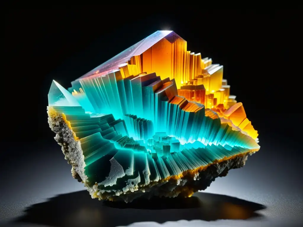 Minerales exóticos en exposiciones: Espectacular mineral con vibrantes colores y texturas, iluminado suavemente en un entorno oscuro