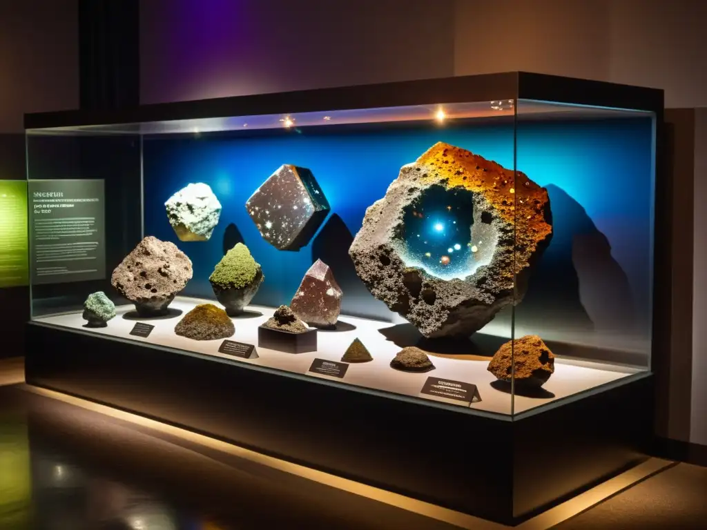 Exhibición de minerales extraterrestres vibrantes y cristales intrincados en una sala tenue con visitantes asombrados