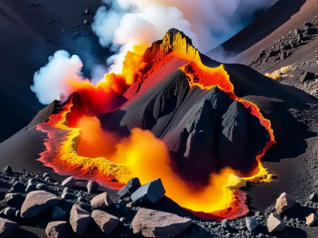 Minerales formados por fenómenos volcánicos raros en vibrantes tonos de rojo, naranja y amarillo, entre vapor y roca volcánica