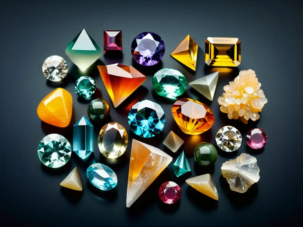 Una fotografía de minerales y gemas coloridos y multifacéticos sobre un elegante fondo negro, resaltando su belleza y detalles únicos