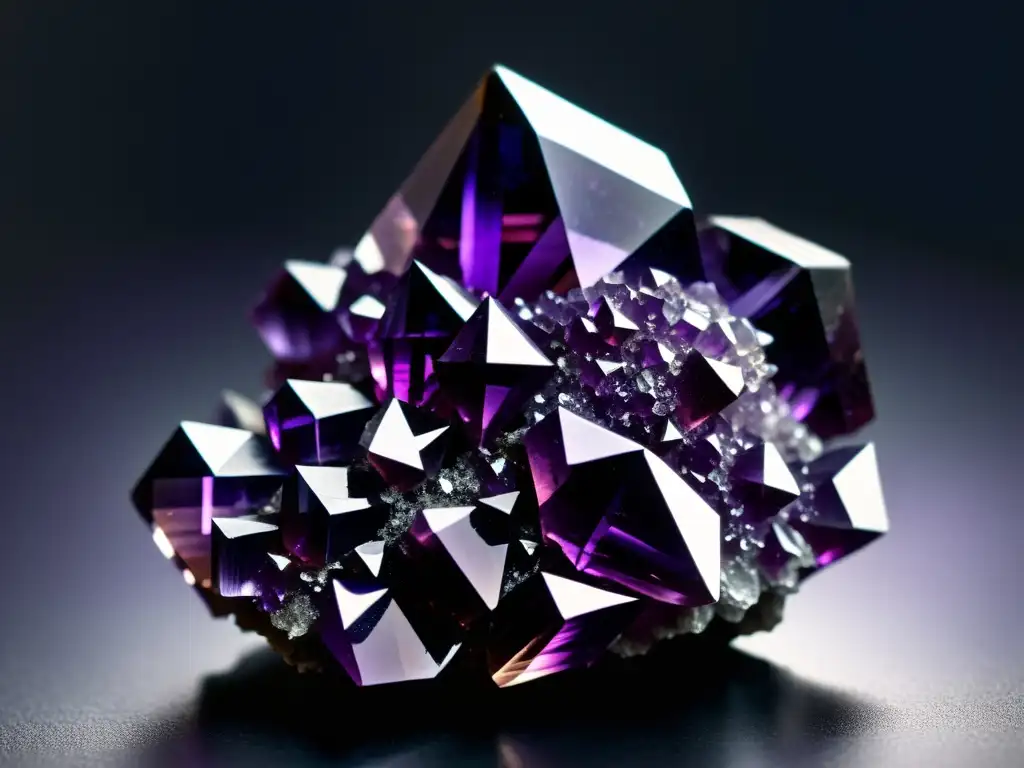 Fotografía de minerales y gemas: Detallada imagen de un racimo de amatista púrpura, con fascinantes formaciones geométricas y variaciones de color