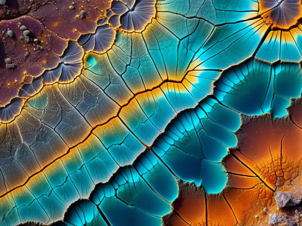 Minerales vibrantes: Transformación geológica Formación de minerales en grietas: Detalle de cristales y colores vibrantes en roca, reflejando belleza mineral