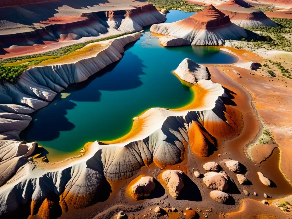 Formación de minerales metálicos por oxidación y reducción, con ricos matices y texturas minerales resaltados por la luz solar en un paisaje rocoso