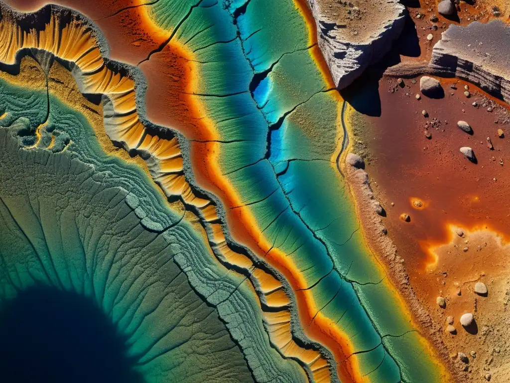 Formación de minerales por metamorfismo: Detalle impresionante de rocas metamórficas con patrones y colores vibrantes, evidenciando el proceso alquímico de transformación geológica